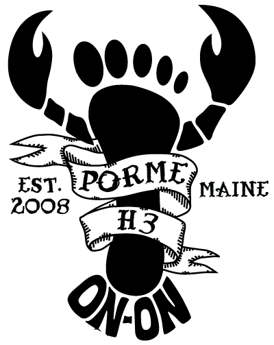 PorMEH3 logo: a footprint with lobster claws, Est. 2008, Maine
